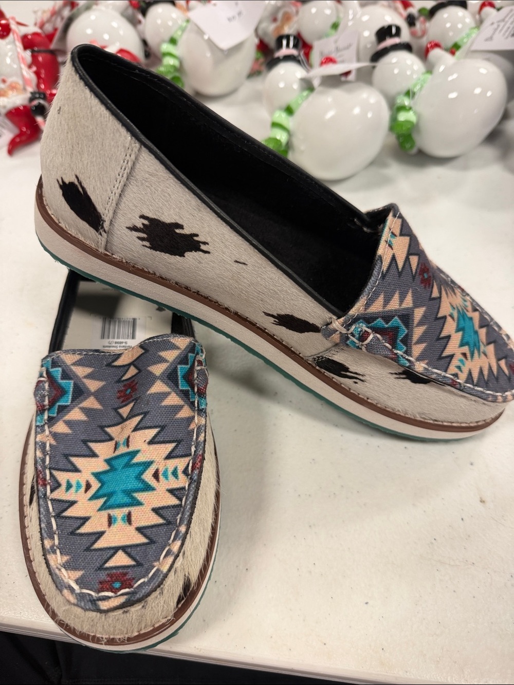 Aztec-Pattern Slip-On Loafers in Cream and Teal